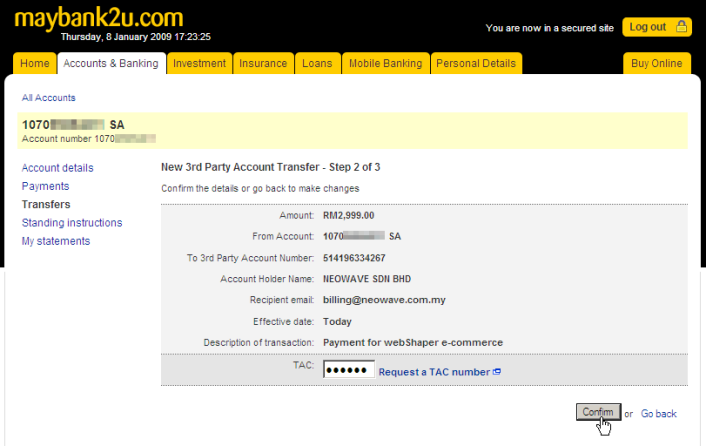 Make your payment via Maybank2u 3rd Party Transfer